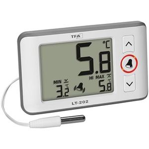 TFA Dostmann Digitale professionele thermometer met waterdichte kabelsensor LT202, 30.1052, permanente weergave van de max.-min. -waarden, temperatuuralarm, geschikt voor aquaria/koelkasten, wit