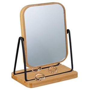 Relaxdays make-up spiegel, 360° draaibaar, H x B: 18 x 12 cm, bamboe lijst, metalen standaard, kaptafel, natuur/zwart