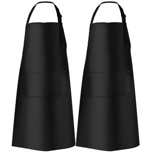 2 keukenschort, waterbestendig, barbecueschort voor heren en dames, met verstelbare nekriemen en 2 grote zakken, voor koks, barbecue, schilderen, bakken en koken (zwart)