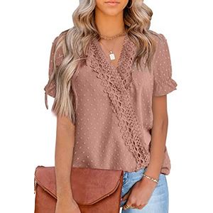 LOLONG Damesblouse met lange mouwen, ruches, V-hals, boho-blouses met bloemenpatroon, roze B - roze, M