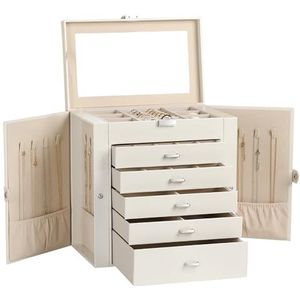 Frebeauty - Grote Sieraden Doos - Wit - 6-laags PU Lederen Organizer met Slot
