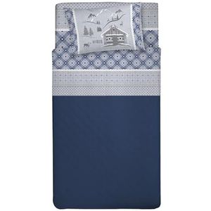 PENSIERI DELICATI Beddengoedset voor Frans bed, 100% katoen, beddengoedset voor Frans bed, 120 x 200 cm, inclusief hoeslaken, bedlaken en 1 kussensloop, gemaakt in Italië, motief: chalet blauw