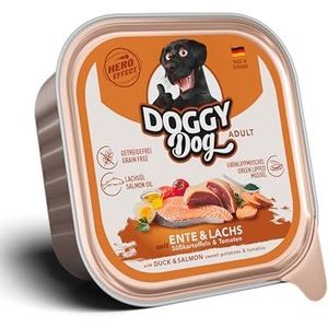 DOGGY Dog Paté Eend & Zalm, 10 x 150 g, natvoer voor honden, graanvrij hondenvoer met zalmolie en groenlipmossel, compleet voer met zoete aardappel en tomaat, Made in Germany