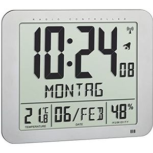 TFA Dostmann Digitale radioklok, 60.4516.54, met binnenklimaat, geadverteerde dag van de week (10 talen), 2 wekfuncties, als tafelklok of om op te hangen, zilver, (L) 248 x (B) 25 (73) x (H) 206 mm