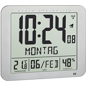 TFA Dostmann 60.4516.54 Digitale radioklok, met binnenklimaat, aangekondigde dag van de week (10 talen), 2 wekfuncties, als tafelklok of om op te hangen, zilver, 248 x 25 x 25 x 206 mm (l x b x h)