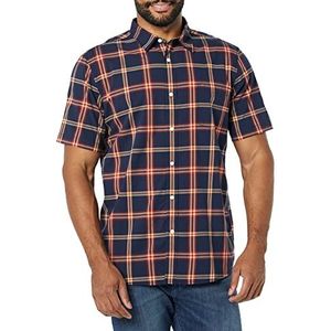 Amazon Essentials Heren Slim-Fit Poplin Shirt met korte mouwen, Navy Red Plaid, Large