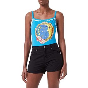 Love Moschino Dames Stretch Ribbed Katoen met Moon Print T-Shirt, lichtblauw, 38 NL