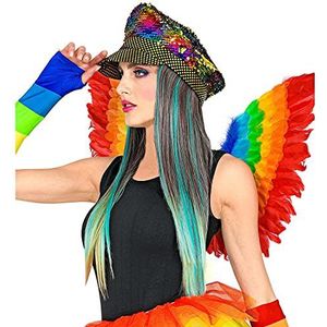 Widmann 03008 Regenboogmuts met haren en pailletten, voor volwassenen, glanzende hoofdbedekking, hoed met lang kunsthaar, accessoires, carnaval, verkleding, themafeest