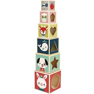 Janod - Baby Forest 6-Cube Wooden Pyramid - Early Learning Toy - Stacking and Building Toy - Fine Motor Skills and Manipulation - from 1 Year Old, J08016