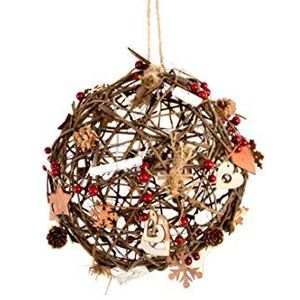 DRW Kerstbal van rotan en hout om op te hangen met ledverlichting, 12 x 8 x 33 cm