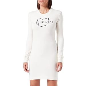 Love Moschino Dames strakke pasvorm lange mouwen stretch katoen modal fleece met hart olografische print jurk, crème, 48