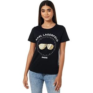 Karl Lagerfeld Paris Iconic Sunglass-top met korte mouwen, ronde hals voor dames, met sequin design en klp logo, Pailletten zonnebril, zwart, L