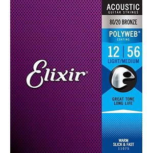 Elixir® Strings 80/20 bronzen snaren voor akoestische gitaar met POLYWEB®-Coating, licht/medium (.012-.056)