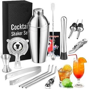 Cocktail Shaker Set - Cocktail Maken Set 14-delige RVS Bar Tool Kit voor Drank Mixen Mat Zilver