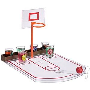 Relaxdays basketbal drinkspel, met 6 glaasjes, HxBxD 22,5 x 24 x 44 cm, drankspel basket, shotglas game, transparant