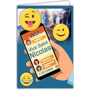 Kaart die opent, Vive Sinterklaas, Gelukkig Feest, 6 december Smileys Emoticons Smartphone Online Chat Sociaal Netwerken Jongen Kind Tiener Vriend Vriend - Met Witte Envelop, Formaat 12 x 17,5 cm