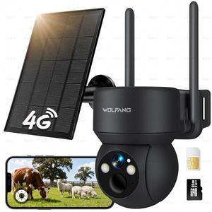 WOLFANG Wildcamera, 4G LTE mobiele trailcamera, op zonne-energie met 2,5K-weergave live video, pan 355° kantelbaar, 90° afstandsaanpassing, beveiligingscamera met nachtzicht, bewegingsactivering, IP66