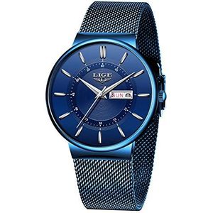 LIGE Heren horloges zwart minimalistisch analoog kwarts roestvrij staal waterdicht polshorloge mannen met datumweergave mode sport kalender mesh polshorloge heren, Full Blue., 8.07, Riem