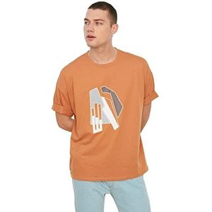 Trendyol Heren Camel Short Sleeve Oversize Fit Ba T-Shirt, XS