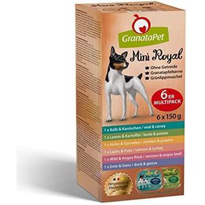 GranataPet Mini Royal Multipack, 6 x 150 g, natvoer voor honden in proefpakket, hondenvoer zonder granen en zonder toegevoegde suiker, compleet voer voor volwassen honden