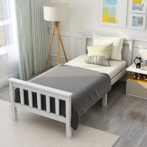 Merax Houten bed eenpersoonsbed | 90 x 200 cm | lattenbodem | houten lattenbodem ondersteuning | hoofdeinde | massief hout | wit