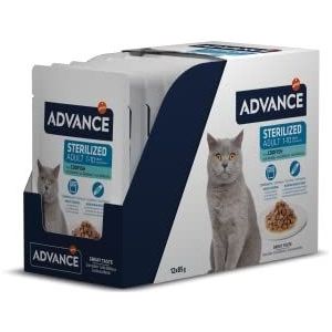 Advance Natvoer voor volwassen katten, gesteriliseerd met kabeljauw, multipack, 12 x 85 g, totaal 1,02 kg