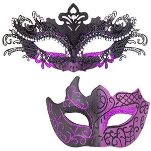 MYSEUNI Paarse maskerade masker voor koppels - glanzend strass Venetiaans masker & heren Venetiaans halfmasker voor mascarade bal avond prom kostuums Halloween Mardi Gras Party carnaval bruiloft