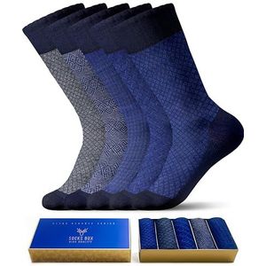 SOCKS BOX Men’s Dress Socks With Gift Box Blue Patterned Premium Quality Bamboo Rayon Socks (5 Pairs+Gift Box)