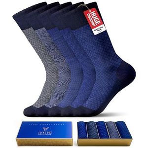 SOCKS BOX Men’s Dress Socks With Gift Box Blue Patterned Premium Quality Bamboo Rayon Socks (5 Pairs+Gift Box)