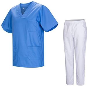 MISEMIYA - Gezondheidsuniform, uniseks, medische gezondheiduniformen met witte broek, 817-8312-wit, Lichtblauw, L