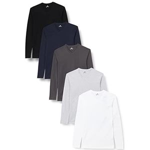Lower East Heren Shirt met lange mouwen, V-hals, Wit/grijs melange/Olympiablauw/Folkstone grey/zwart, set van 5, M