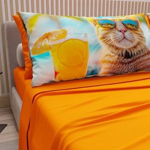 PETTI Artigiani Italiani - Beddengoed dieren met katten van katoen met kussenslopen in digitale print, beddengoed voor tweepersoonsbed, oranje, 100% Made in Italy