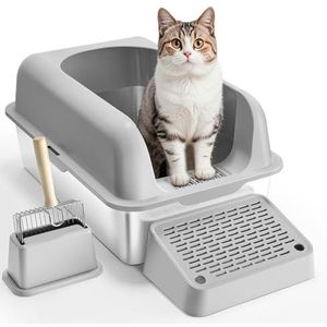 VEVOR Roestvrijstalen kattenbak, 15 cm diep, XL extra grote kattenbak met schep, brede filtervoet en hoge zijkanten, ingesloten, geurvrij, gemakkelijk te reinigen kattenbak, geschikt voor grote katten