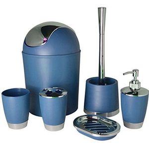 Bathlux Modern Design 6-delige badkameraccessoireset, toiletborstel, afvalbak, zeepbakje, tandenborstelhouder, zeepdispenser, spoelbeker (blauw)