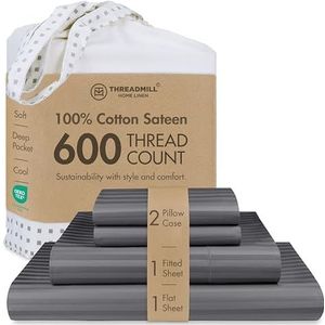 Threadmill Home Linen beddengoed collectie 600 Draaddichtheid 100% ELS Katoen Damast Streep Sheet Set, Zoom Stitch Luxe Beddengoed, 4-delige Set, Beddengoed, Glad Satijnweefsel, Queen, EGrey