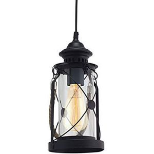 EGLO Hanglamp Bradford, 1 lichtpunt, vintage hanglamp, lantaarn, materiaal: staal, kleur: zwart, glas: helder, fitting: E27