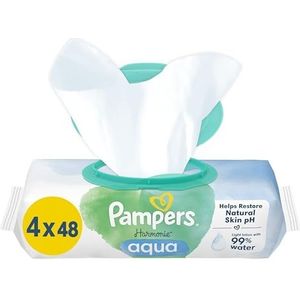 Pampers Harmonie Aqua vochtige doekjes voor baby's en kinderen 192 stuks (4 x 48), uitstekende bescherming voor de gevoelige babyhuid, 99% zuiver water