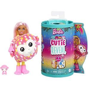 Barbie Kleine Poppen en Accessoires, Cutie Reveal Chelsea pop met zacht apenpak en 7 verrassingen, waaronder kleurverandering, Jungle-serie, HKR14