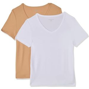 Amazon Essentials Women's T-shirt met korte mouwen en V-hals in slanke pasvorm, Pack of 2, Licht camel/Wit, S
