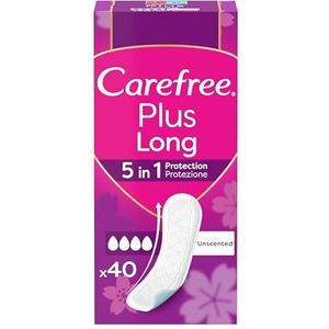 Carefree Inlegkruisjes Plus Long zonder parfum, extra lange damesslip met 5-in-1 bescherming voor 8 uur droog gevoel, ultradunne maandverband zonder geur voor dagelijks gebruik, 40 inlegkruisjes
