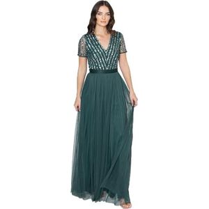 Maya Deluxe Maxi-jurk, bruidsmeisjesjurk, gestreept, korte mouwen, nevel, groen, damesjurk, Emerald Groen, 28