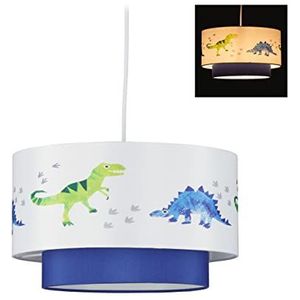 Relaxdays dino-hanglamp, ronde lampenkap met dinosaurus print, voor de kinder- of babykamer, HxØ 126 x 30 cm, wit-blauw