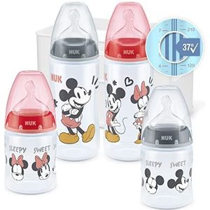 NUK First Choice+ Babyfles Startset | 0-6 Maanden | 4 Flessen met Temperatuurregeling & Flessenbox | Anti-koliek luchtsysteem | BPA-vrij | 5 delen | Disney Mickey en Minnie Mouse