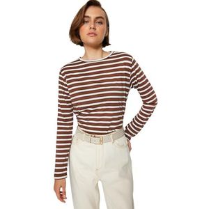 Trendyol Dames Vrouw Relaxed Standaard Crew Neck Knit T-shirt, Bruin, L, BRON, L