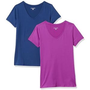 Amazon Essentials Dames Tech Stretch T-shirt met korte mouwen en V-hals (verkrijgbaar in grote maten), 2-Pack, Marineblauw/Paars, XS