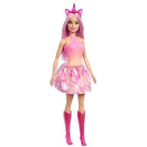 Barbie Eenhoornpop met roze fantasiehaar, kleurrijke roze-oranje outfit en fantasieaccessoires met eenhoornthema, HRR13
