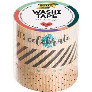 folia 26447 - Washi-tape, plakband van rijstpapier, set van 4 kraftpapier""Let's celebrate"", 3 rollen 10 m x 15 mm en 1 rol 10 m x 5 mm, ideaal voor het versieren en decoreren, voor scrapbooking