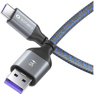 Sonero® USB-C naar USB-A oplaadkabel, mobiele telefoon oplaadkabel, snellaadkabel, USB C, USB kabel type C, USB 2.0, 5V/5A, grijs/blauw, 1,50m