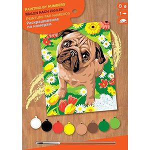 Mamut 8221521 - schilderen op nummer junior, mopshond, hond, complete set met bedrukt schildersjabloon in A4-formaat, 8 acrylverf, penseel en handleiding (mogelijk niet beschikbaar in het Nederlands),