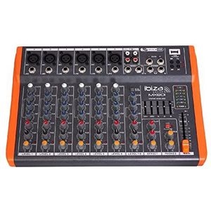 Ibiza - MX801 - Complete 6-kanaals semi-professionele mixer (5-bands equalizer) met MONO-, microfoon- en lijningangen en REC-, RCA-, hoofdtelefoon- en AUX-uitgangen - USB - Zwart en oranje
